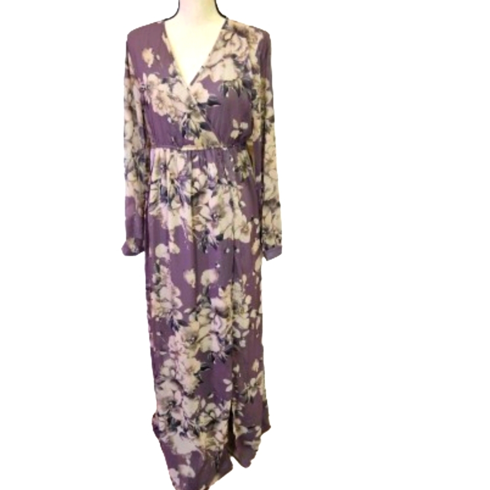 PinkBlush Maternity Brown Purple/Cream Floral Long Sleeve Maxi Dress,Medium,NWT